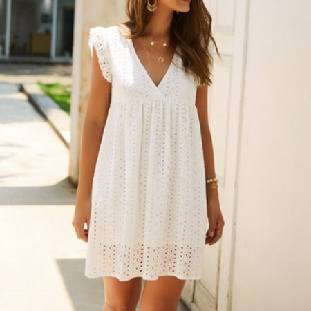 

jsaierl Fashion Womens Solid Dress Summer Sleeveless V-Neck Casual Lace Dresses Mini Dress for Women 2022