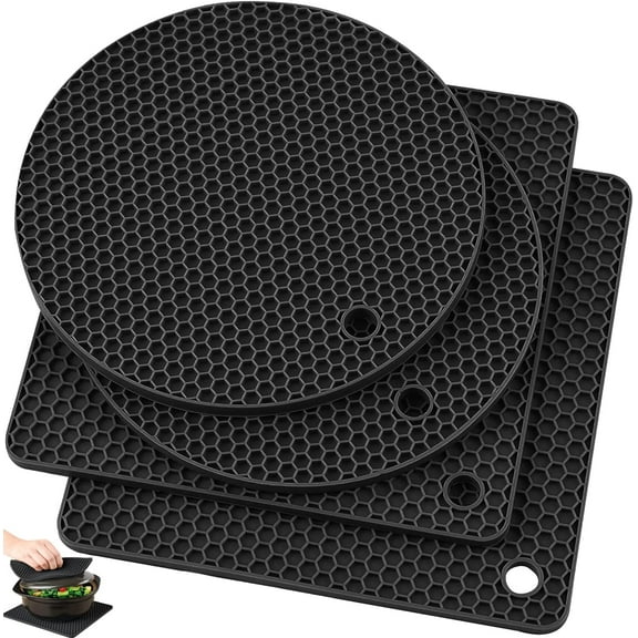 Silicone Trivet Pot Mat, Silicone Pot Holders for Hot Pan and Pot Pads. Heat Resistant Counter Mats for Tables Placemats,Countertops, Spoon Rest and Large Coasters,4 Pack Black(2 Squared   2 Round)
