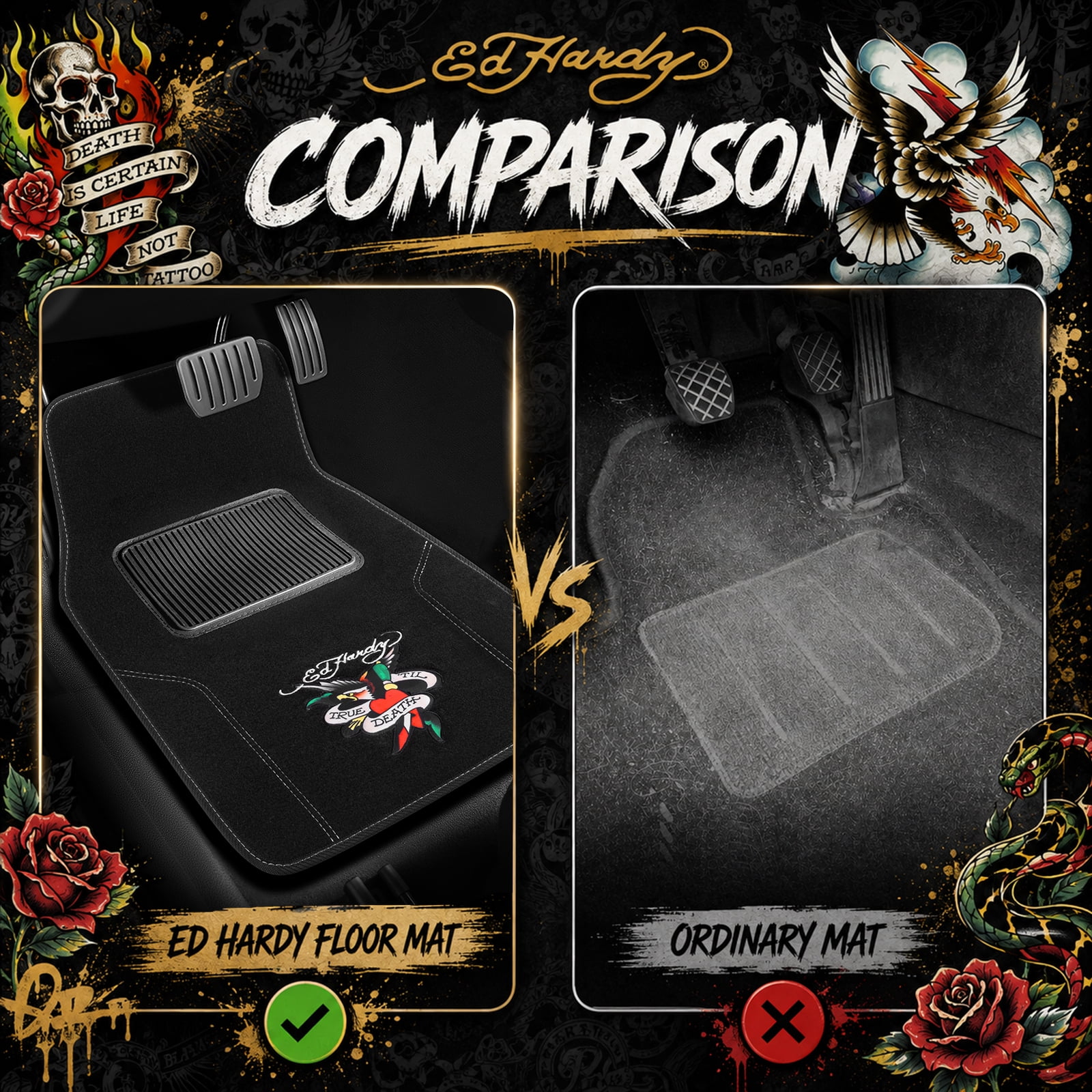 Ed Hardy Car Floor Mats, Fashion Print Carpet Floor Mats Set with Dagger Heart & Eagle Graphic, Faux Leather Floor Mats, Front and Rear Interior Protection for Cars, Trucks and SUVs