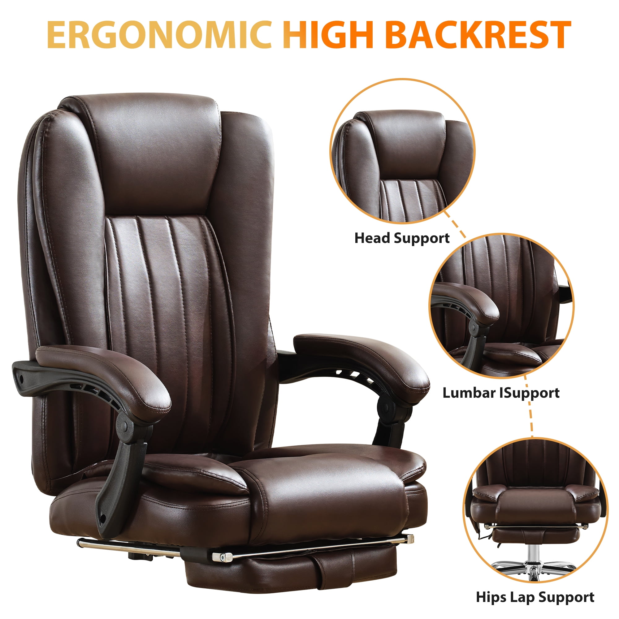 JONPONY Big and Tall Office Chair 500LBS Executive Office Chair Massage and Footrest Ergonomic Computer Desk Chair Reclining High Back Leather Office Chair Lumbar Back Support Swivel Rolling,Brown