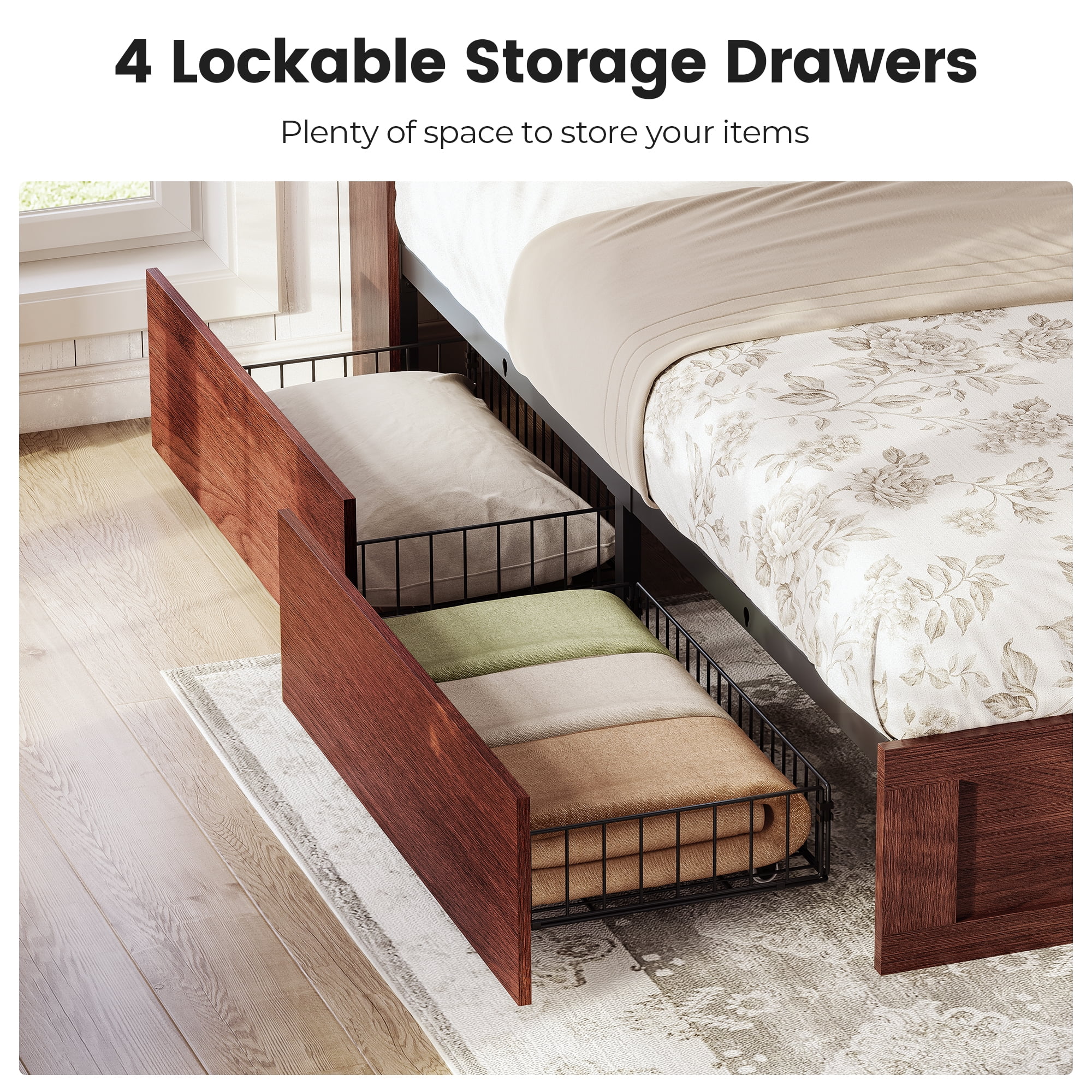 Twin Size Bed Frame, Farmhouse Wooden Platform Twin Bed with Storage Headboard Bookcase and 4 Footboard Storage Drawers Oak Brown