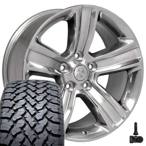 OE Wheels DG65 20 Inch Rims and Tires Fit Ram 1500 Style 5x139.7 20x9 Gloss Silver with Polished Face - Hollander 2453 - TS-37 AT 275/55-20 (Set of 4)