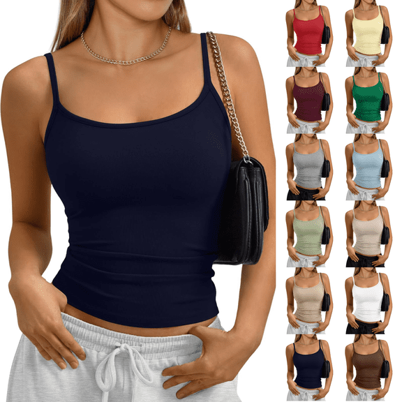Tank Tops Womens Basic Adjustable Spaghetti Strap Camisole Slim Fit Summer Going Out Cami Tops Dark Blue XS