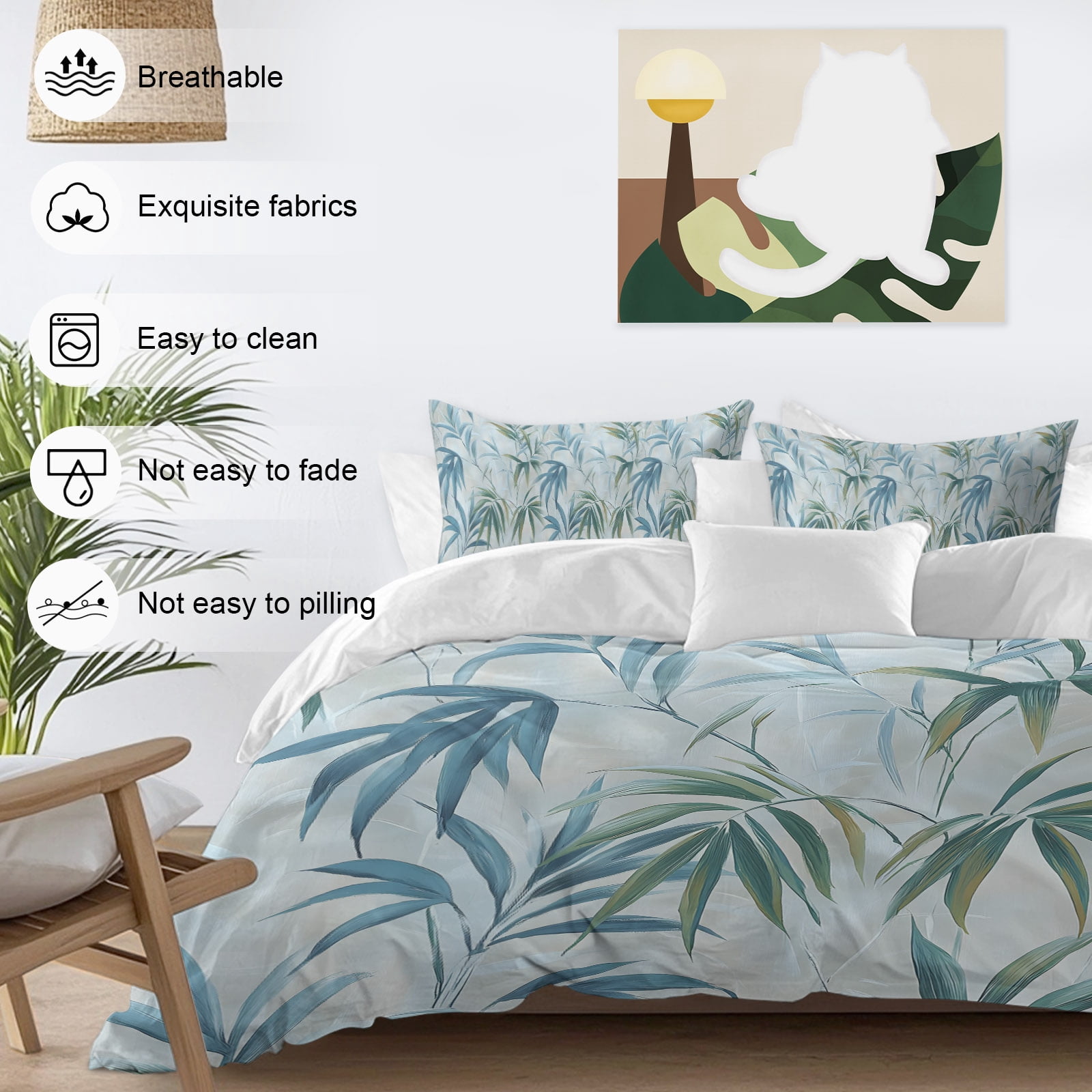 Bamboos Leaf Queen Duvet Cover Set, Green Watercolor Leaves Modernism 4 Piece Microfiber Bedding Set with Zipper Closure, Bed Sheet and 2 Pillow Shams, Soft Bedding Cover