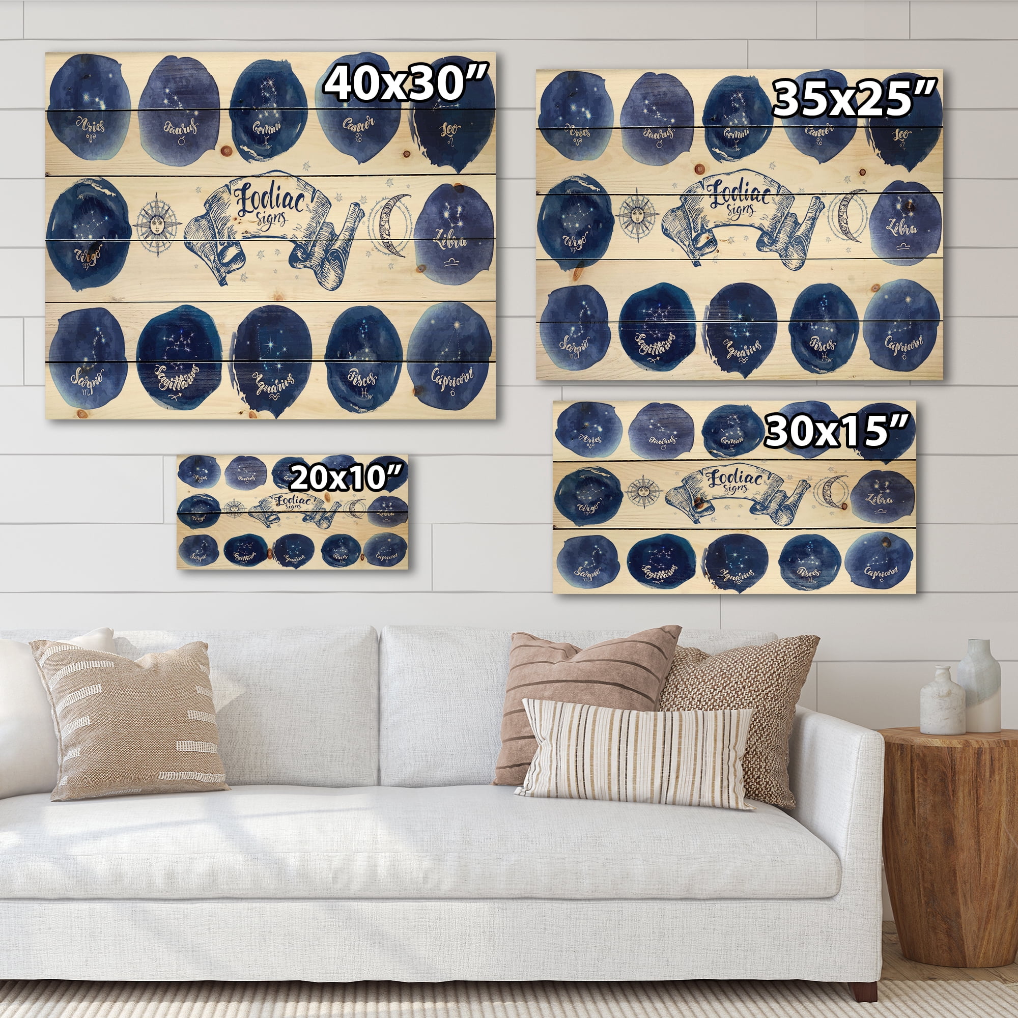 Designart 'Collection of Astrology Signs On Blue Circles' Modern Print on Natural Pine Wood