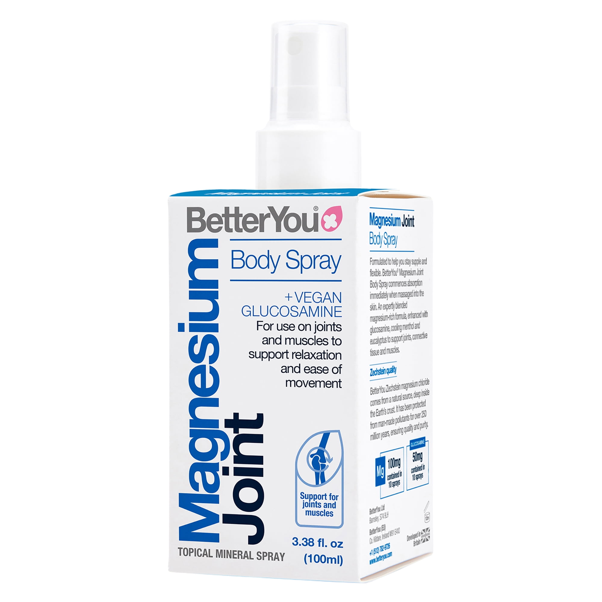 BetterYou Magnesium Joint Body Spray - Muscle Relief Spray - Topical Magnesium Chloride And Glucosamine - Cooling Menthol And Eucalyptus - 3.38 oz