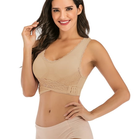 

Lace Sport Bras Solid Cross Front Side Buckle Yoga Bra Non-wired Push Up Bralette for Women Bra Beige M