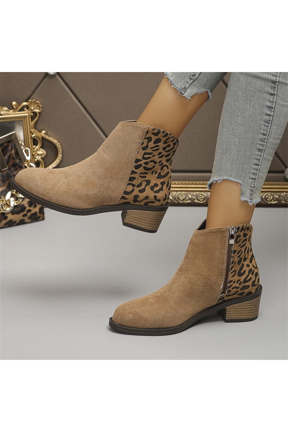 Women's Fashion Round-Toe Leopard Print Chunky Heel Large Size Fashion Boots Camel