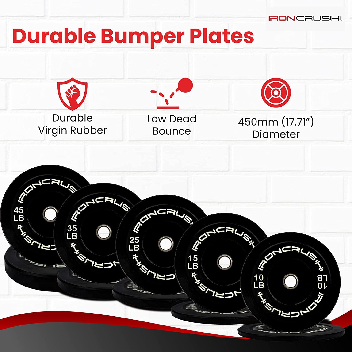 Iron Crush Olympic Bumper Plates Set - Virgin Rubber Weights for Strength Training - Stainless Steel Inserts, Fits 2" Barbells - Low, Dead Bounce for Safety - 10lb to 45lb - Sold in PAIRS (10LB)