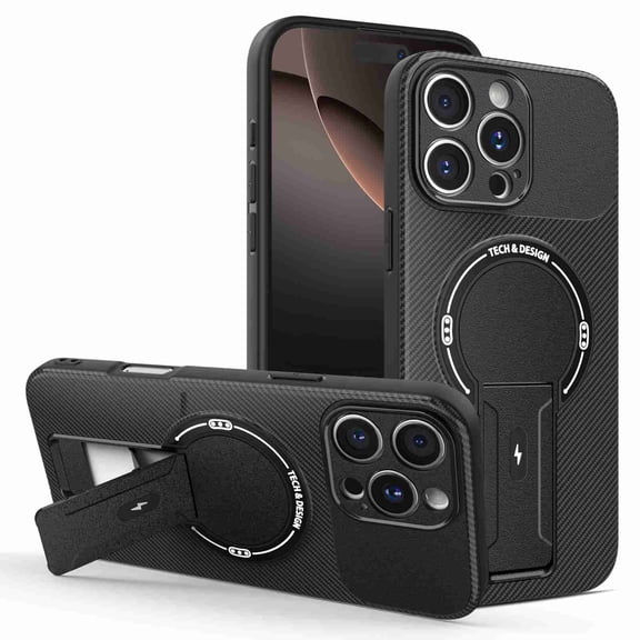 Dteck for iPhone 12 with Invisible Stand, Magnetic Military-Grade Shockproof Carbon Fiber Texture Protection Slim Hard Luxury Phone Case for Women Men, Black