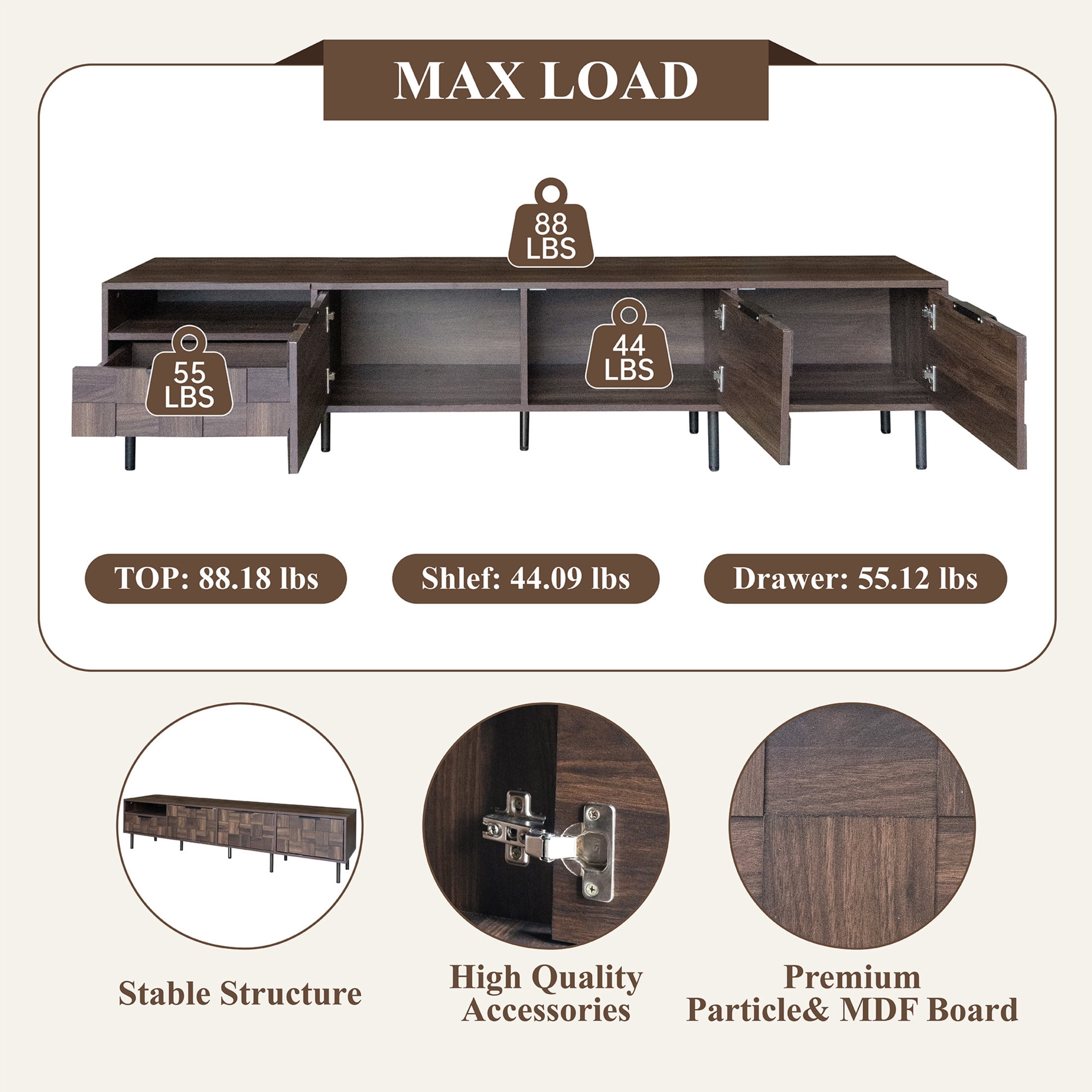 Noble House TV Stand for TVs up to 85 Inch with Storage Cabinets, Drawer and Open Shelf, Walnut