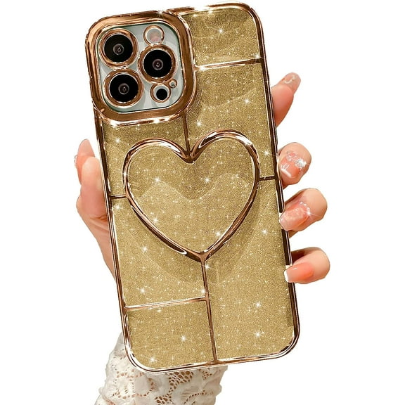 Compatible with iPhone 14 Pro Max Clear Glitter Case-6.7 Inch, Cute 3D Design Love Heart Pattern Plating Bling Case for Women Girls Soft TPU Shockproof Camera Protective Back Cover-Gold