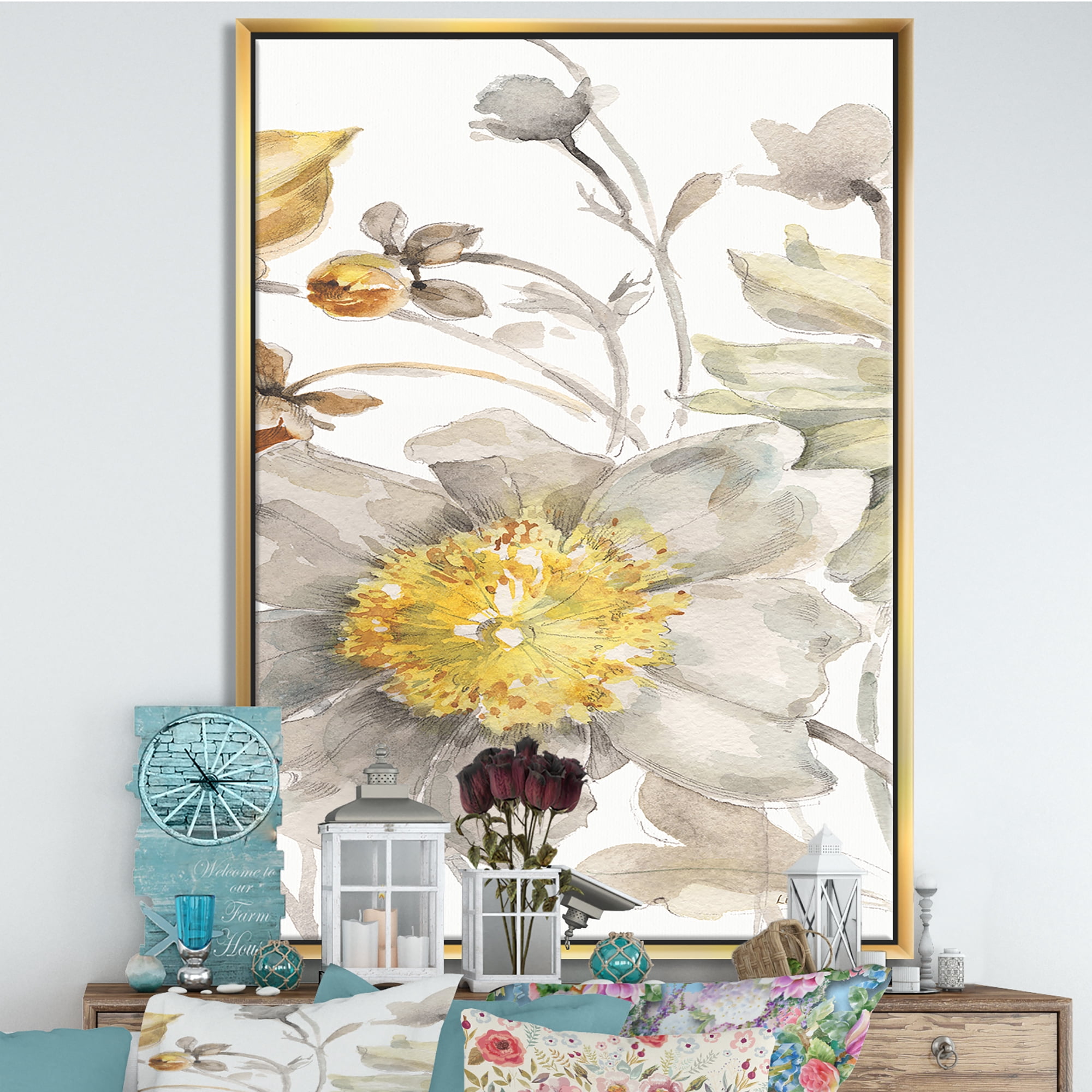 Designart ' Fields of Gold Watercolor Flower III ' Cabin & Lodge Framed Canvas