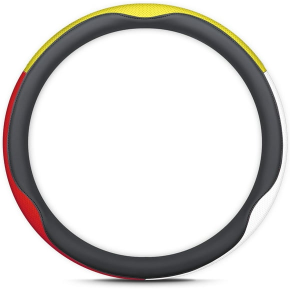 TRAHOO-Car Steering Wheel Cover - Three-Color Patchwork Design, Leather, 14.5-15 Inch - Perfect for Long Drives, Daily Commutes, Sedan, SUV, and Truck Drivers (O Shape-Red-Yellow-White)