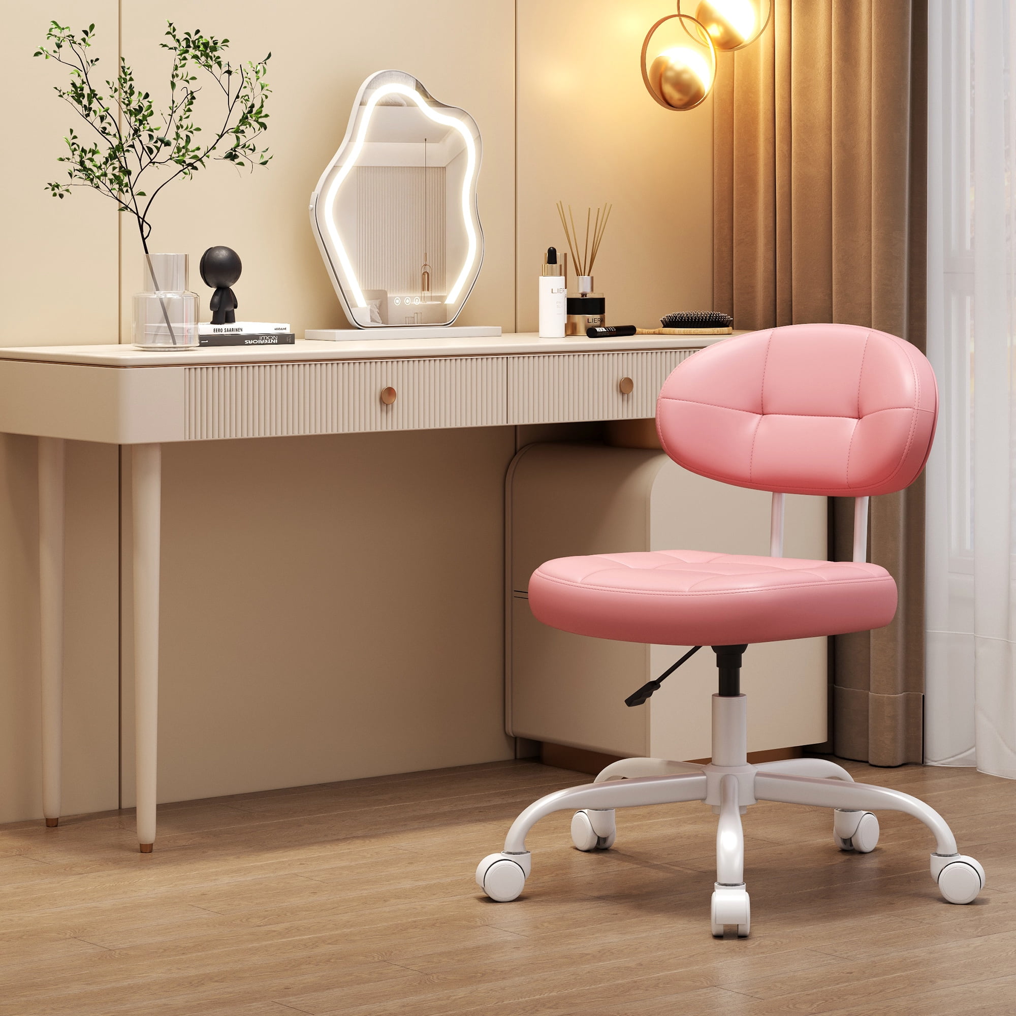 Misolant Vanity Chair with back, Small Armless Cute office Chair with wheels and Lumbar support, Comfy PU Leather Desk Computer Chairs with Adjustable Height, 360°Swivel for Home Bedroom Office