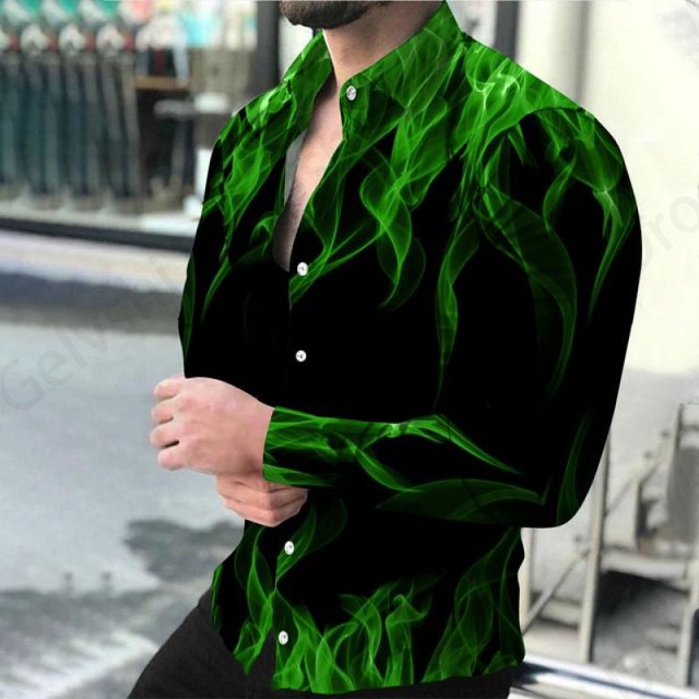 Camisa hawaiana de manga larga con estampado 3D de llamas de fuego para hombre y mujer, camisa de playa informal a la moda, blusas con solapa