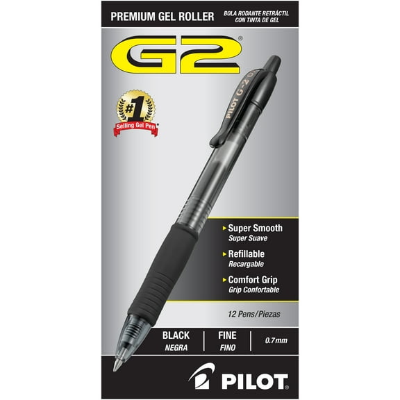 Pilot 31020 G2 Premium Retractable Gel Ink Pen, Refillable, Black Ink, .7mm, 12 Count