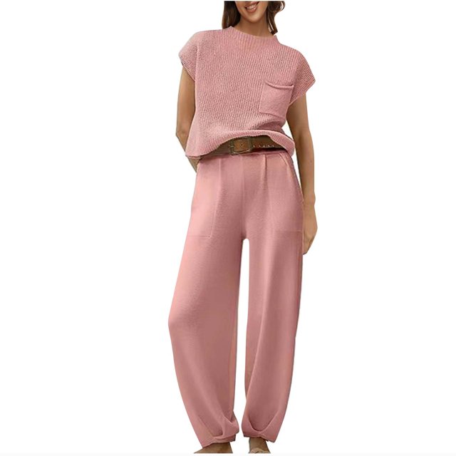Birdeem Ensemble Haut à Manches Courtes Col Rond avec Poche et Pantalon Décontracté pour Femmes