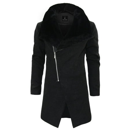 TAM WARE Men Stylish Fur Large Lapels Zip-up Wool Blend Coat
