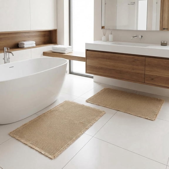 MudFree Waffle Bathroom Rugs Sets 2 Piece, Modern Woven Boho Bath Mat for Tub Non Slip, Super Absorbent Washable Floor Mat with Tassels for Bedroom Kitchen, Beige
