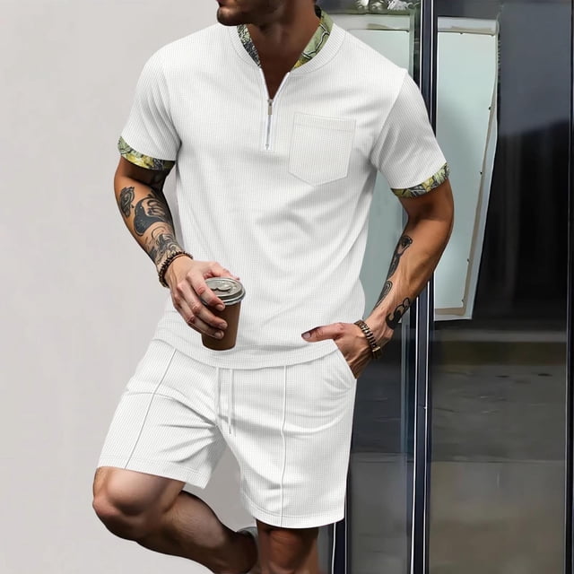 Mode Décontractée pour Hommes, Pantalon à Manches Courtes, Col Rabattu, Ensemble Deux Pièces, Taille Élastique
