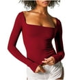 thumbnail image 1 of FAIWAD Women's Long Sleeve Square Neck Crop Tops Slim Solid Color Going Out Stretchy Basic Top, 1 of 6