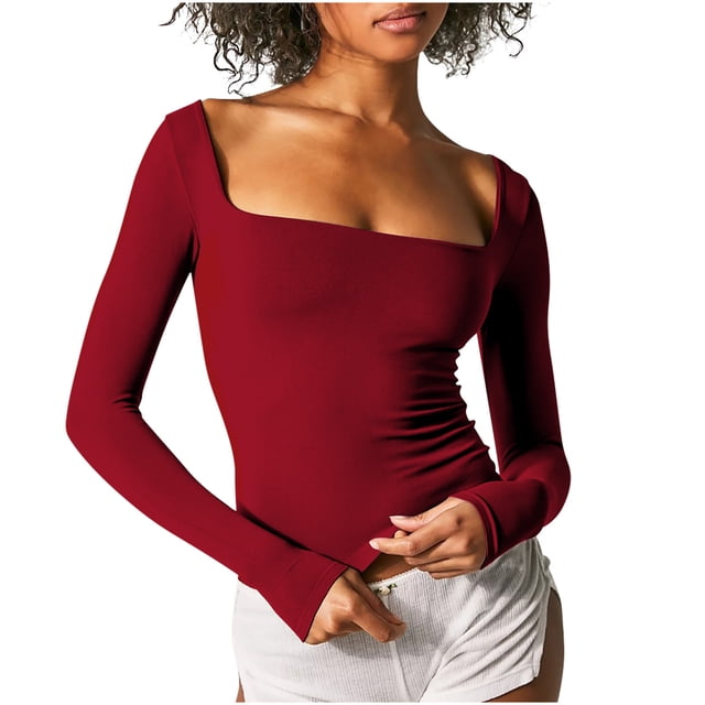 FAIWAD Women's Long Sleeve Square Neck Crop Tops Slim Solid Color Going Out Stretchy Basic Top