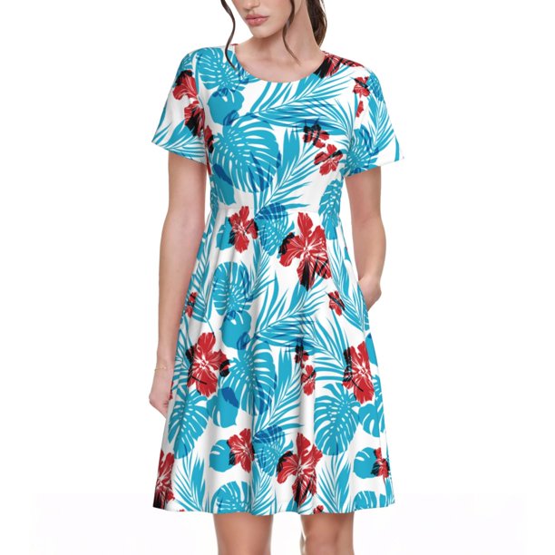 Easygdp Hawaiian Style para Vestido Transpirable de Mujer, Vestido Suelto de Manga Corta con Pliegues y Bolsillos para el Verano