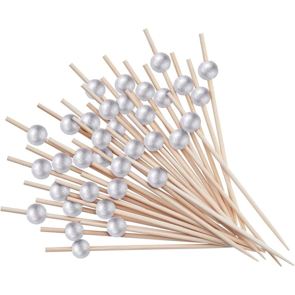 GUSTO [200 Count] Cocktail Picks & Food Toothpicks - 4.7 Inch Wooden Pick Skewers for Drinks & Appetizers - Fancy Silver Pearl