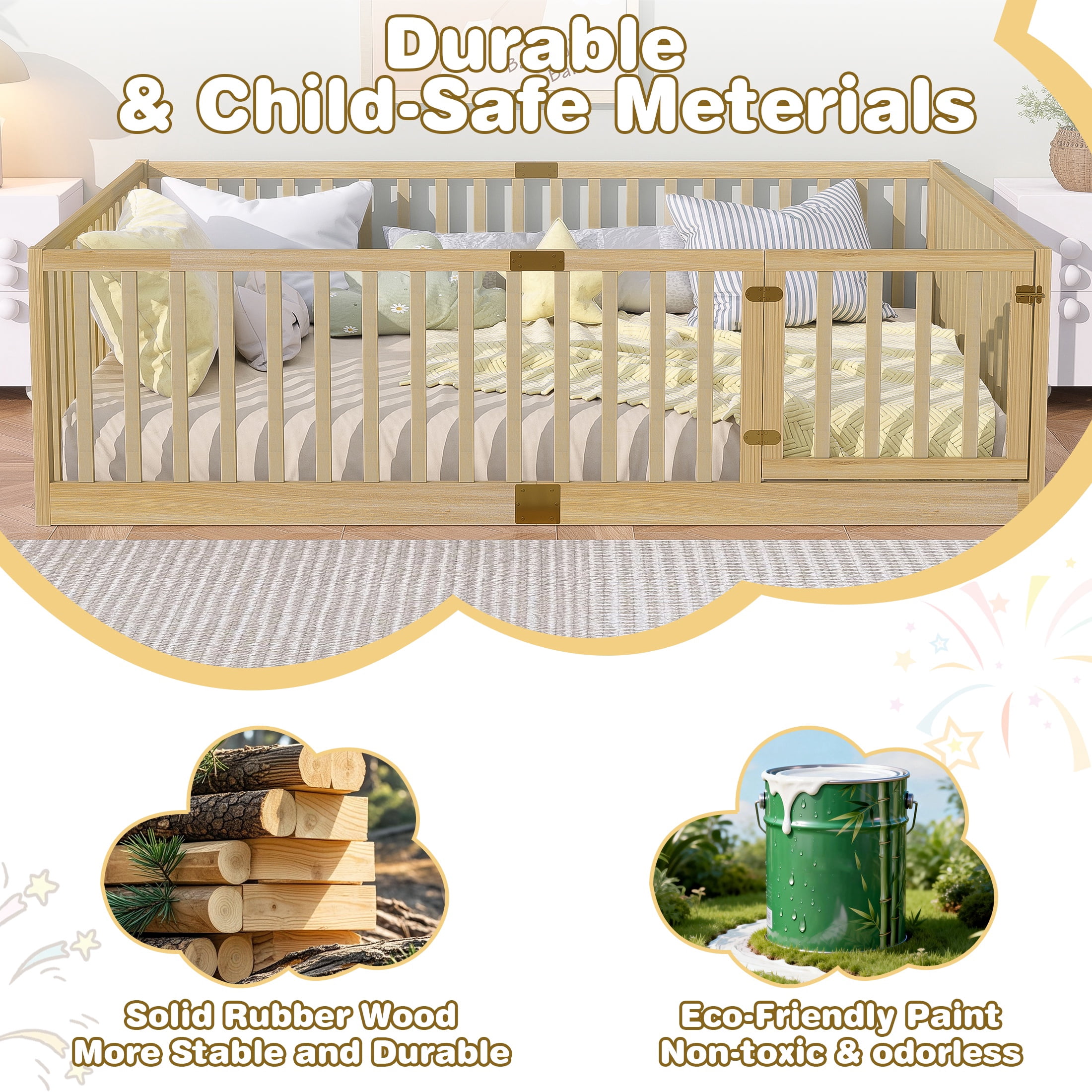 PORKISS Full Size Floor Bed with Door and Fence, Twin Size Bed Frame with Bed Slats, Sturdy Wood Floor Bed for Kids, Boys, Girls, Montessori Bed Frame, Natural