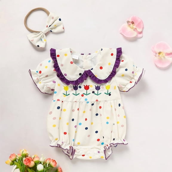 ZEHJUHAN Baby Girl's Polka Dot Tulip Embroidered Romper Set, Peter Pan Collar Bubble Sleeve Onesie with Hair Bow Beige，3-6M