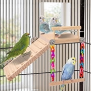 Wooden Bird Perch Platform with Mirror, Climbing Ladder and Swing – Cage Accessories for Parakeets, Cockatiels, Lovebirds, Budgies, Pacific Parrotlets, Finches, Canaries – Small Bird Play Gym
