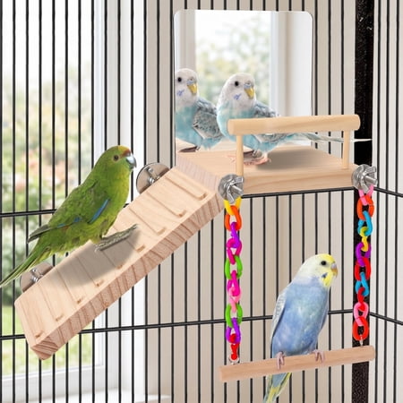Wooden Bird Perch Platform with Mirror, Climbing Ladder and Swing – Cage Accessories for Parakeets, Cockatiels, Lovebirds, Budgies, Pacific Parrotlets, Finches, Canaries – Small Bird Play Gym