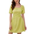 thumbnail image 1 of Gibobby Vestido casual de verano para mujer Nuevo vestido informal de manga corta con cuello cuadrado de color liso para mujer(Amarillo,G), 1 of 5