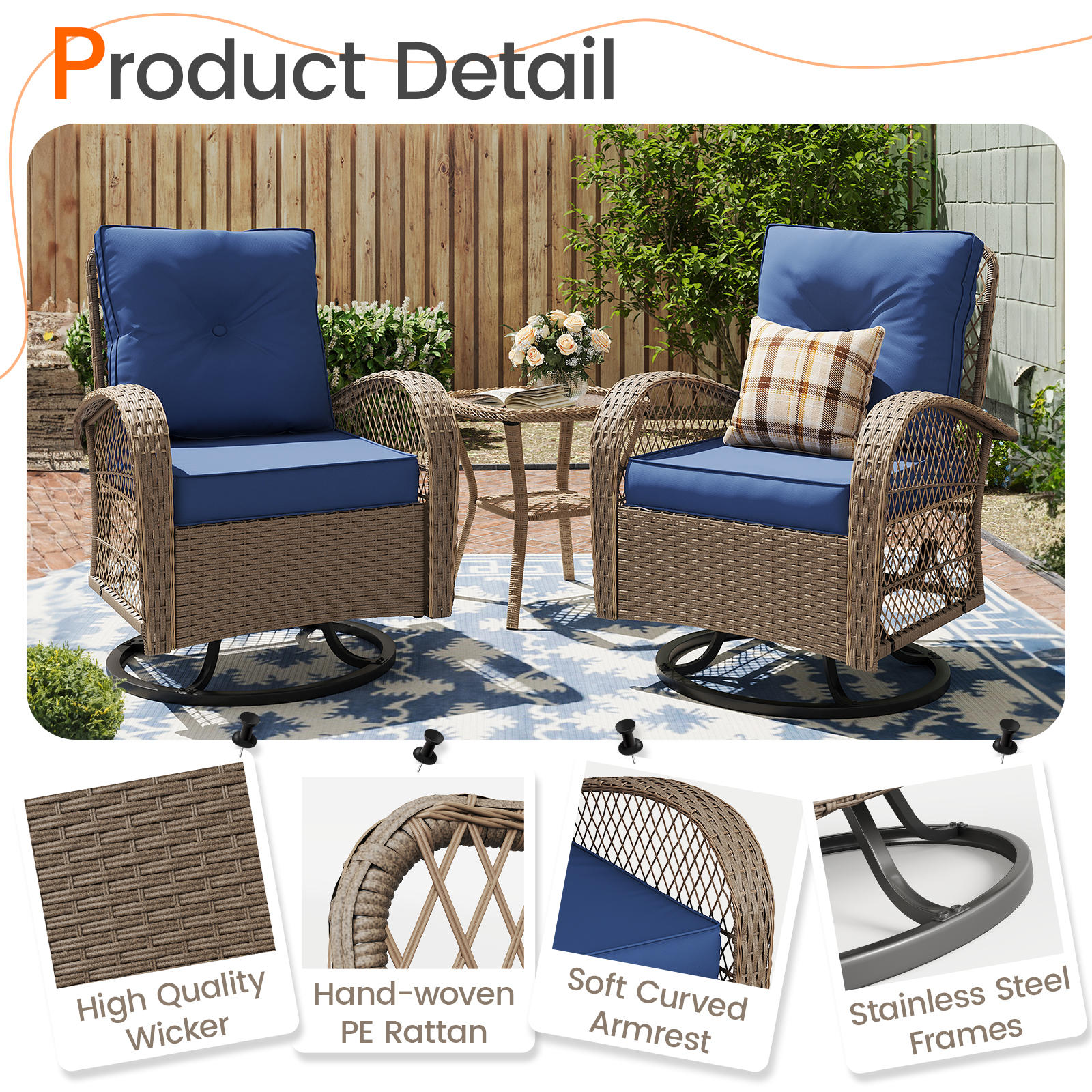 MRUAKA 3 Pieces Patio Furniture Set, Outdoor Swivel Gliders Rocker, Wicker Patio Bistro Set w Rattan Rocking Chair, Glass Top Side Table Thickened Cushions for Porch Deck Backyard (Navy)