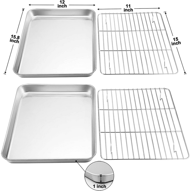 Walchoice Baking Sheet with Rack Set, Stainless Steel Large Cookie Sheets with Cooling Racks, Include 4 Pans & 4 Racks, Size: 16 x 12 x 1