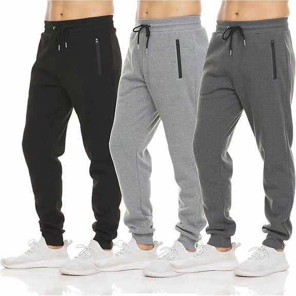 PC Men's Fleece Jogger Sweatpants 3 Pack with Zipper Pockets, Adjustable Drawstring, Athletic Joggers, Sizes S-3XL