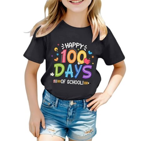 LUOGENLI T-Shirt pour Filles et Garçons, Col Rond, Manches Courtes, T-Shirt d'Été Décontracté, Maxi T-Shirts pour Filles, Coton, Noir, 2-3 Ans