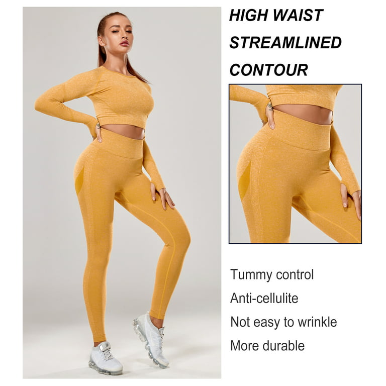 QRIC Womens Seamless Butt Lift Leggings High Waisted Yoga Pants Ribbed Gym  Workout Running Tights 