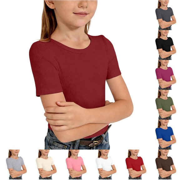 WAYUTE Girls Shirts Ribbed Knit Short Sleeve Crewneck Tee Soft Slim Fit Solid Color Basic Top for Toddler Kids Casual Summer,,Size 8 Y-9 Y