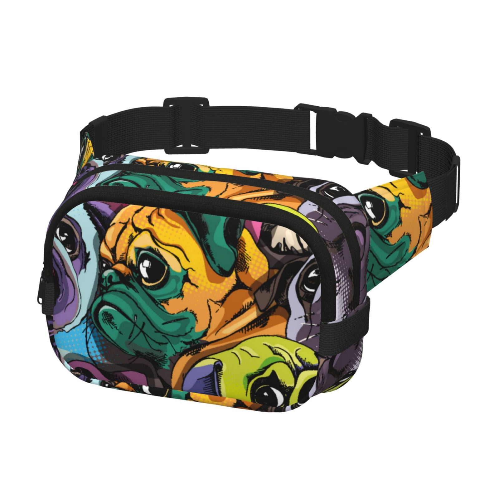 Picia Colorful Pug Print Square Double-Layer Waist Bag Mini Adjustable Waist Belt Bag Exercise Running Travel Hiking