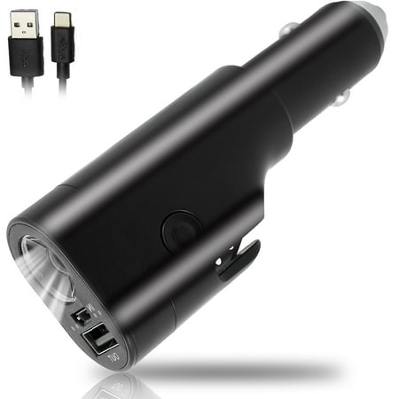 

USB Car Charger with Emergency Escape Tool 6-In-1 Emergency Car Charger Adapter w/2200mAh Battery Window Breaker Safety Belt Cutter Flashlight Red Emergency Beacons for Car Camping