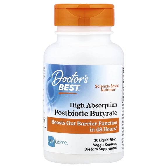 Doctor's Best High Absorption Postbiotic Butyrate, 30 Liquid-Filled Veggie Capsules (300 mg per Capsule)