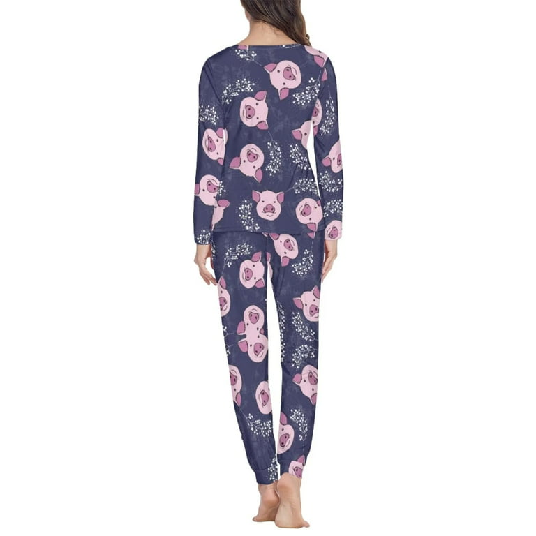 Renewold Women Pigs Pattern Sleepwear Lightweight Breathable Nightwear Home  Winter Night Sleep Casual Lounge Set Size XL 