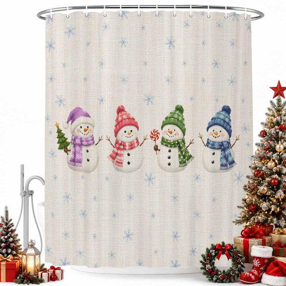 Christmas Snowman Retro Linen Shower Curtain for Bathroom, Xmas Tree Winter Snowflake Waterproof Shower Curtains Washable Quick Dry with Hooks Bathtub Curtains 36x72IN