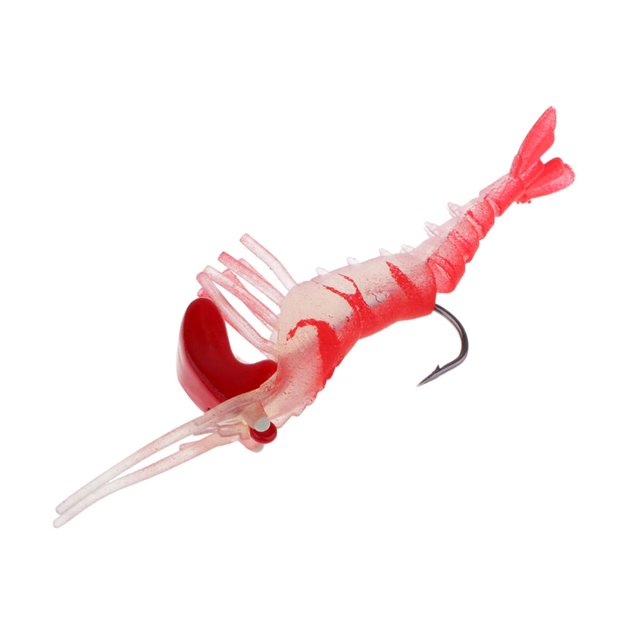 simulación en 3d cebo suave camarones señuelos tackle hook 7cm shamjiam set de señuelos de pesca multicolor, cebo blando con forma de camarón en primer plano, cuerpo esculpido translúcido rojo y blanco, cola partida y antenas delgadas, anzuelo EWG montado en la parte ventral, textura gomosa visible sobre fondo blanco; a menudo usado como señuelo para pesca de depredadores costeros.
