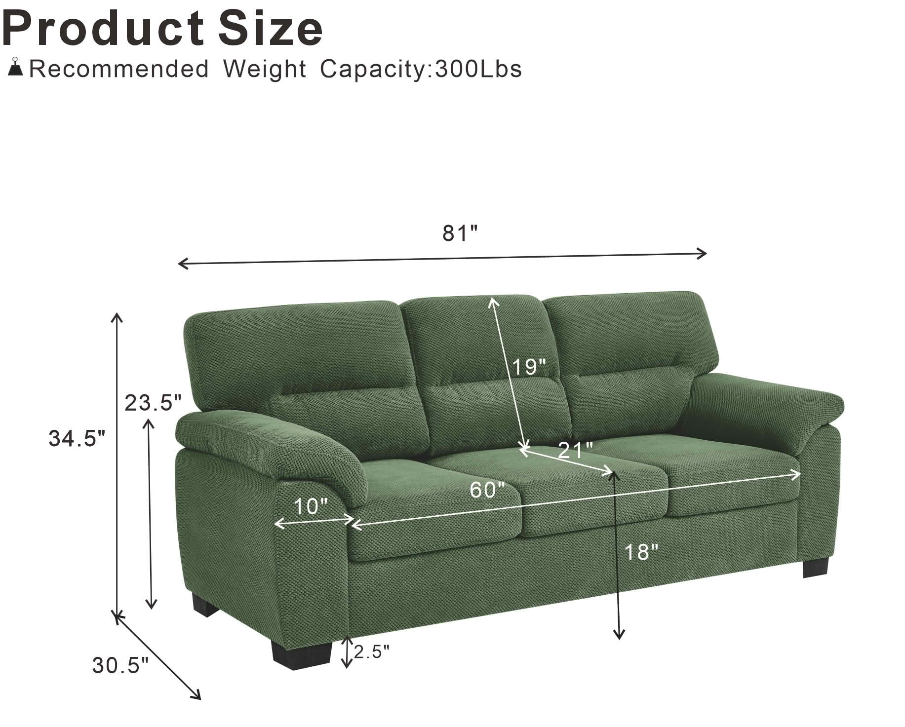 MAYEERTY 81 Inch 3‑Seater Sofa, Modern Textured Fabric Couch with Plush Track Arms & Solid Wood Frame for Living Room