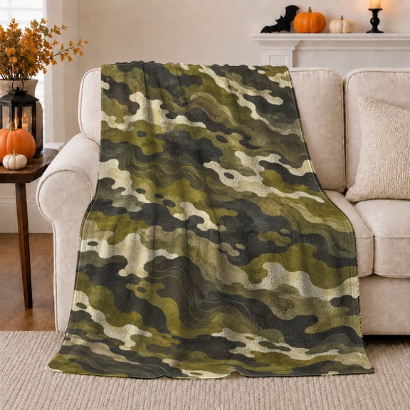 Layered Woodland Camouflage With Subtle Contour Lines, Soft Flannel Blanket with Textured Woodland Camouflage Print, Housewarming Gift and Home Decor for Bedroom and Living Room