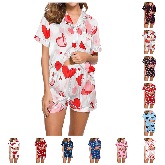 Lovzfmll Pajama Set for Women, Valentine's Day Print Short Sleeve Set, Collared Pocket Top & Shorts, Casual Sleep & Home Wear Pink-A, S