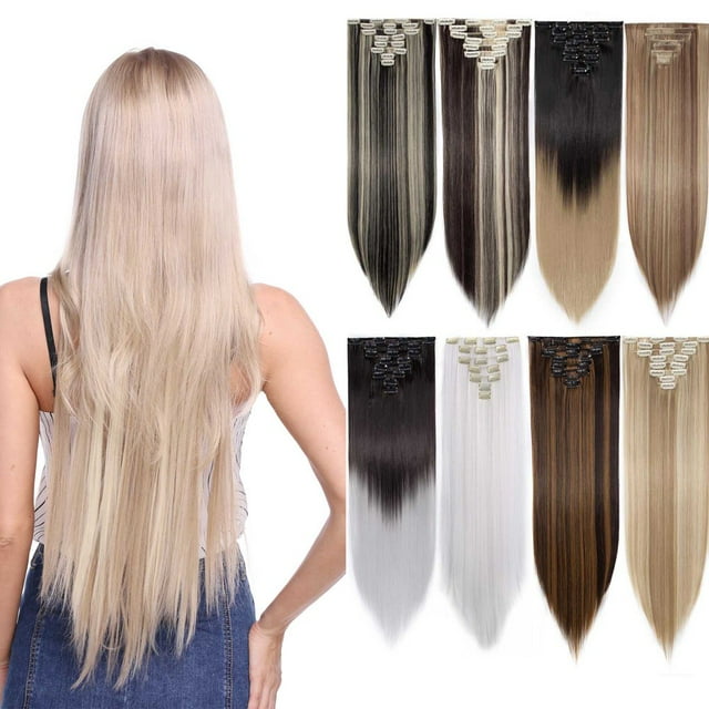 Extensions de Cheveux Droites à Clip Complet Synthétiques 8 Pcs 18 Clips pour Femmes